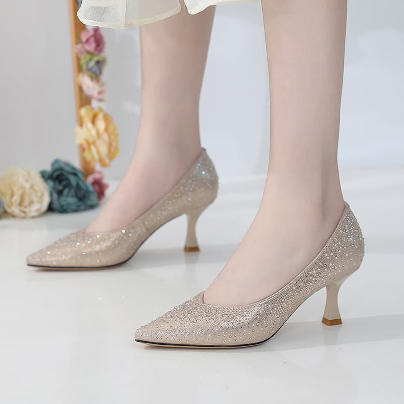 2024 Spring, Summer, and Autumn New Women's Pointed Stiletto High Heel Rhinestone Formal Dress Banquet Sexy Shallow Mouth Single-Layer Shoes Women's Hair Generation