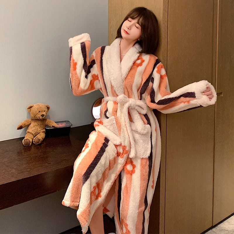 Winter Coral Fleece Robe for Women, Long Thick Flannel Bathrobe to Ankles, Plus Warm Lining, Long Nightgown