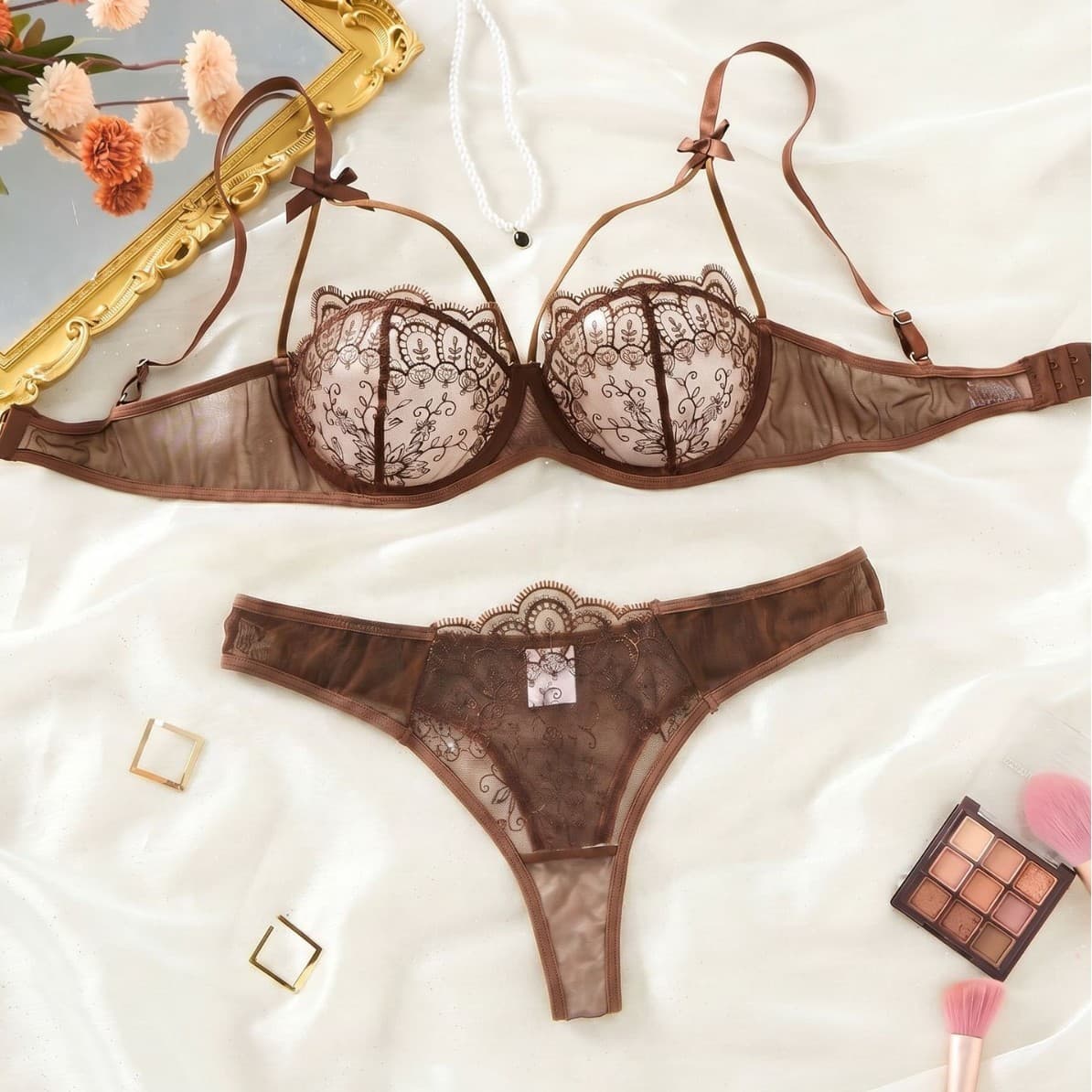 Cross-border Supply Sexy Lingerie Set for Women, Transparent Mesh Three-Point Push-Up Bra Set, Pure Desire Style 57