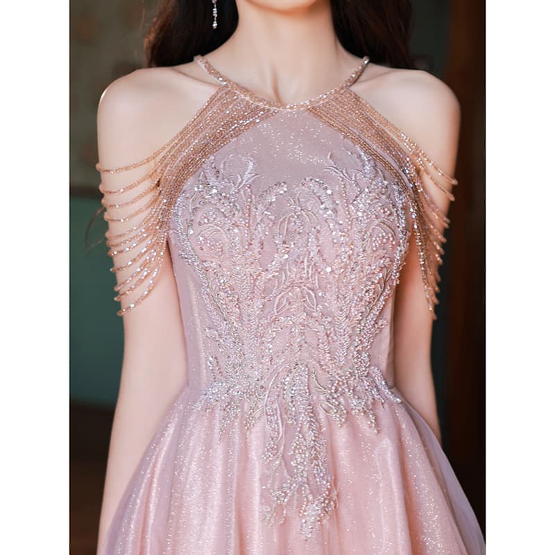 Pink evening dress for the wedding banquet hosted by a super fairy, high-end light luxury niche toast wear, bride's high-end engagement dress for women