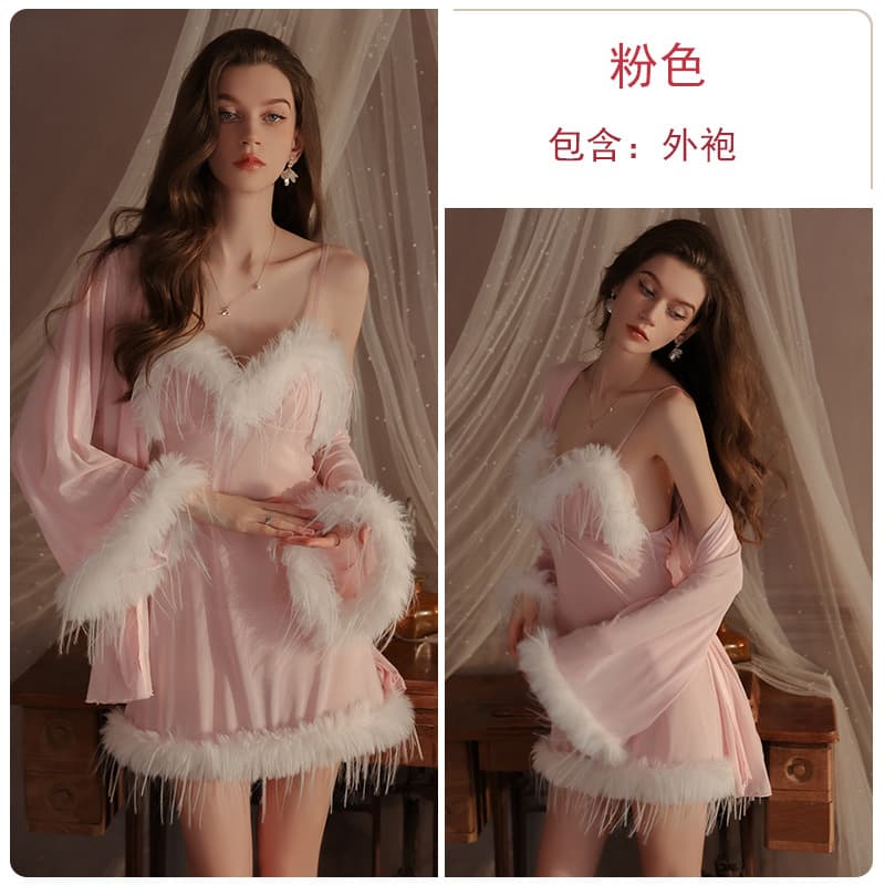 Guiruo Lingerie Pure Desire Sheer Mesh Feather Patch Sexy Backless Slip Dress Robe Pajama Set 4434