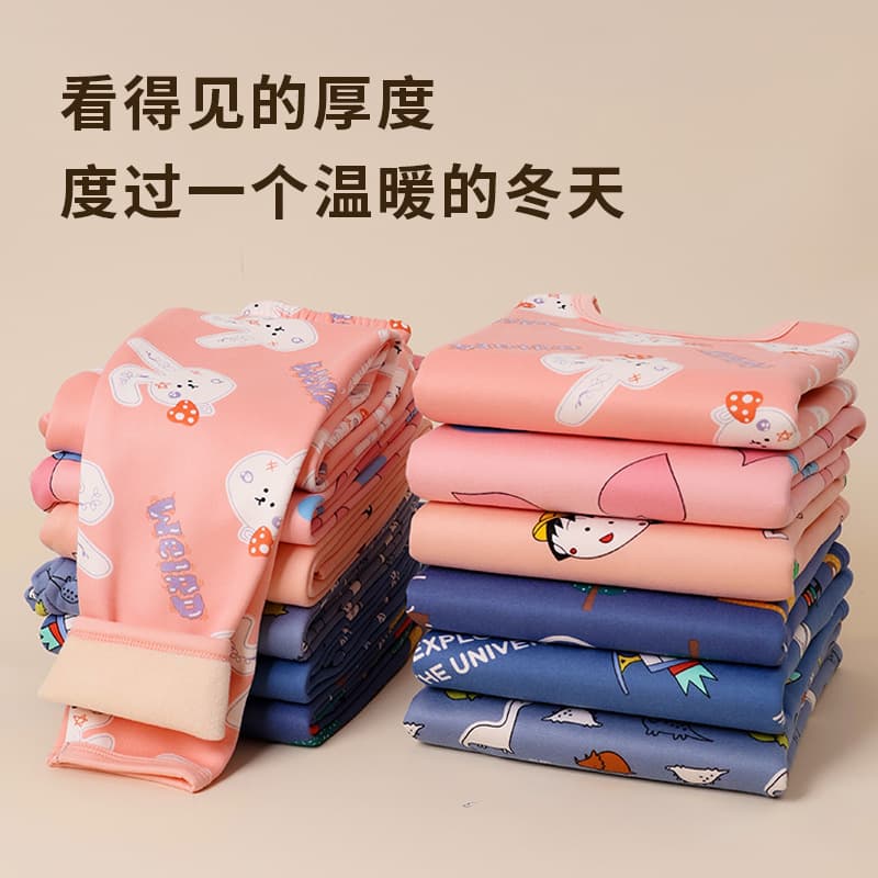 Girls Fleece-Lined Thermal Underwear Set Boys Older Kids Long Johns Fall Winter Base Layer School-Age Children Pajamas