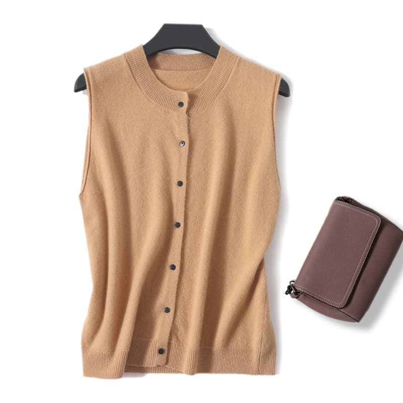 Vintage Style Solid Color Button Round Neck Knit Sweater Vest Button-Up Vest Sleeveless Layering Outerwear Student Fashion