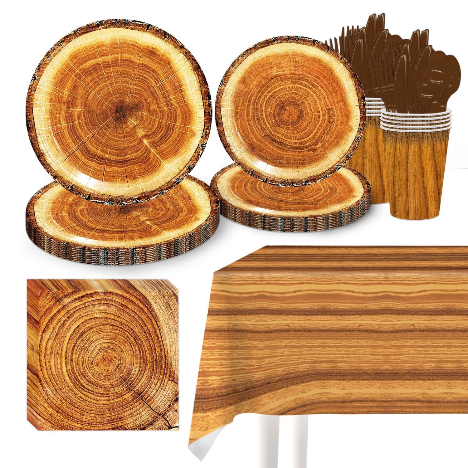 Wood Grain Annual Rings Birthday Holiday Party Decoration Disposable Tableware Set Paper Tray Paper Cup Paper Towel Tablecloth