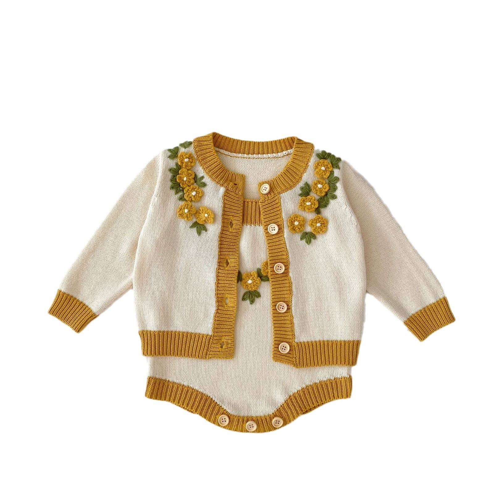 ins 2026 Autumn Infant Toddler Baby Girl 3D Crochet Knit Cardigan + Floral Strap Knit Romper
