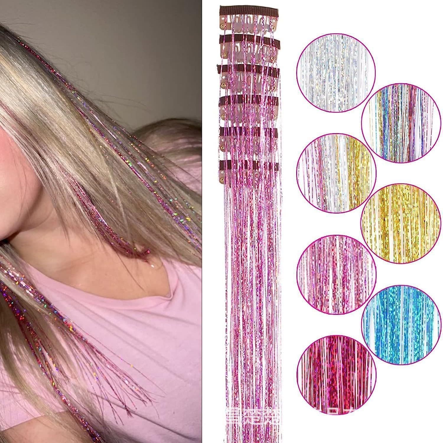 Colorful Hair Extensions Invisible Tape-in 12 Pieces Laser Gold Silver Straight Hair Fake Hair BB Clip One-Piece Hair Extensions Shimmer