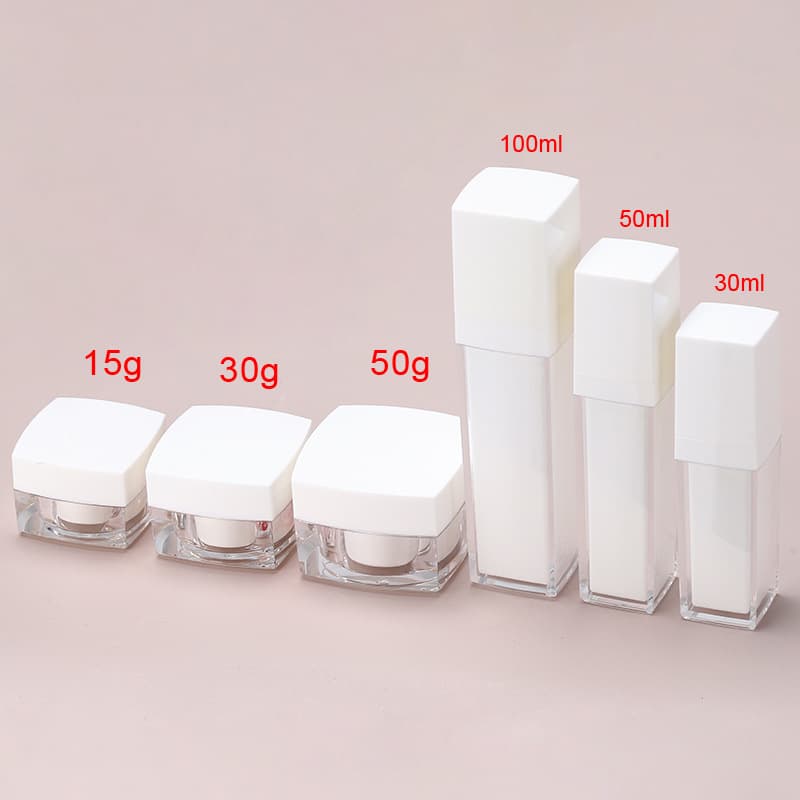 In Stock Skincare Lotion Serum Set Square Bottle Acrylic Cream Jar Lotion Travel Refill Bottle