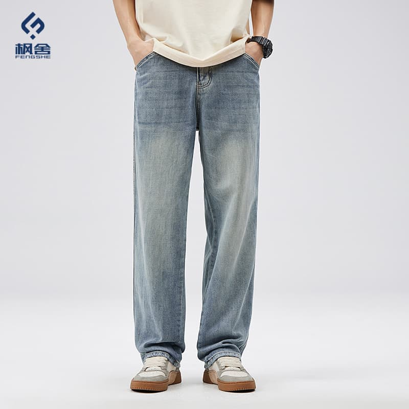 Fengshe Men's Clothing / Lyocell Denim Pants for Men Loose Straight Wide Leg Retro Trendy Tencel Jeans