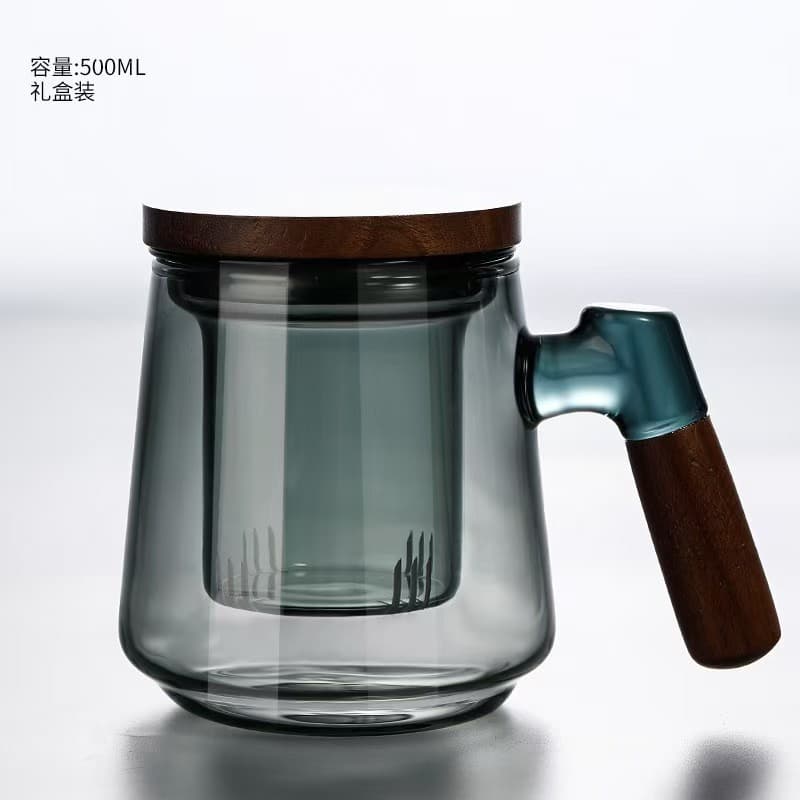 Spot high borosilicate glass tea cup creative transparent three-piece cup bamboo cover smoke cyan filter office tea drinking cup