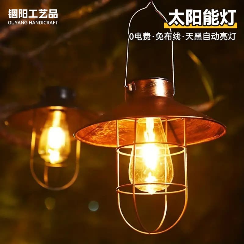 Iron chandelier Chinese retro courtyard decoration solar viewing night light accessories solar outdoor garden light