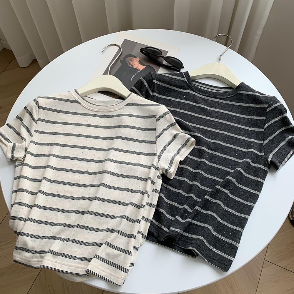 Colored Cotton Dot Yarn Stretch Cotton Regular Shoulder Small Striped Short Sleeve T-Shirt for Women Summer Slim Fit Base Top