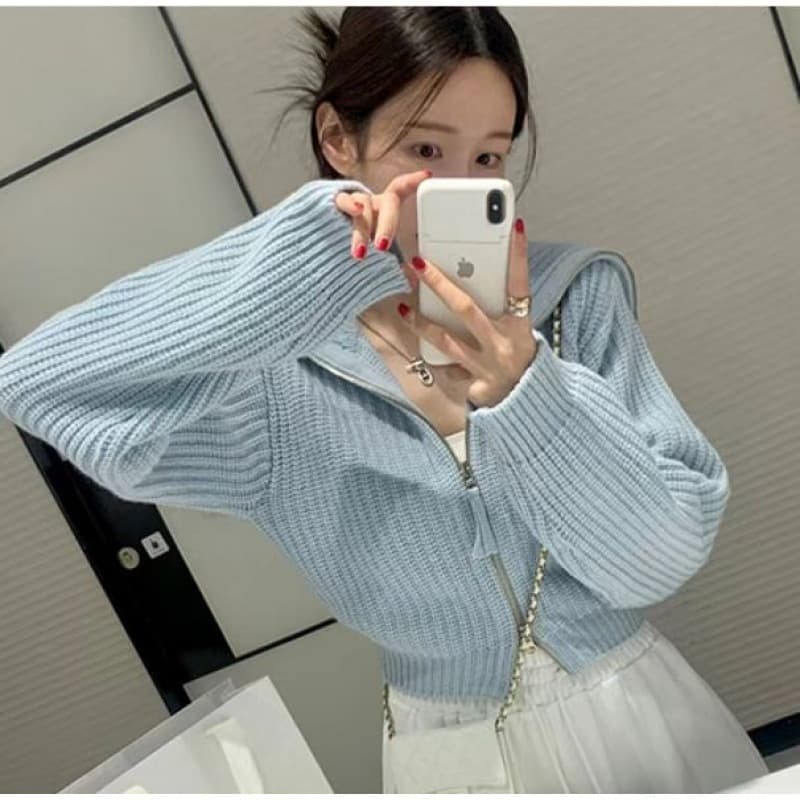 New Fall/Winter Korean Lazy Style Short Double-Zipper Loose Soft Knit Long-Sleeve Sweater Cardigan for Women