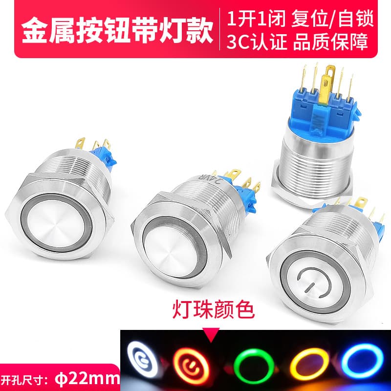 Stainless Steel 22mm Metal Push Button Switch Splash-Proof High Flat Head Self-Locking Reset with Power Symbol LED Light 12V