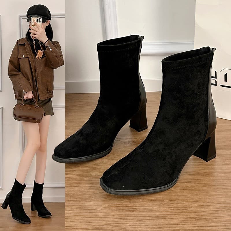 Black High-Heeled Chunky Heel Short Boots for Women, 2026 New Autumn and Winter Square-Toe Slim Boots, Short Suede Ankle Boots