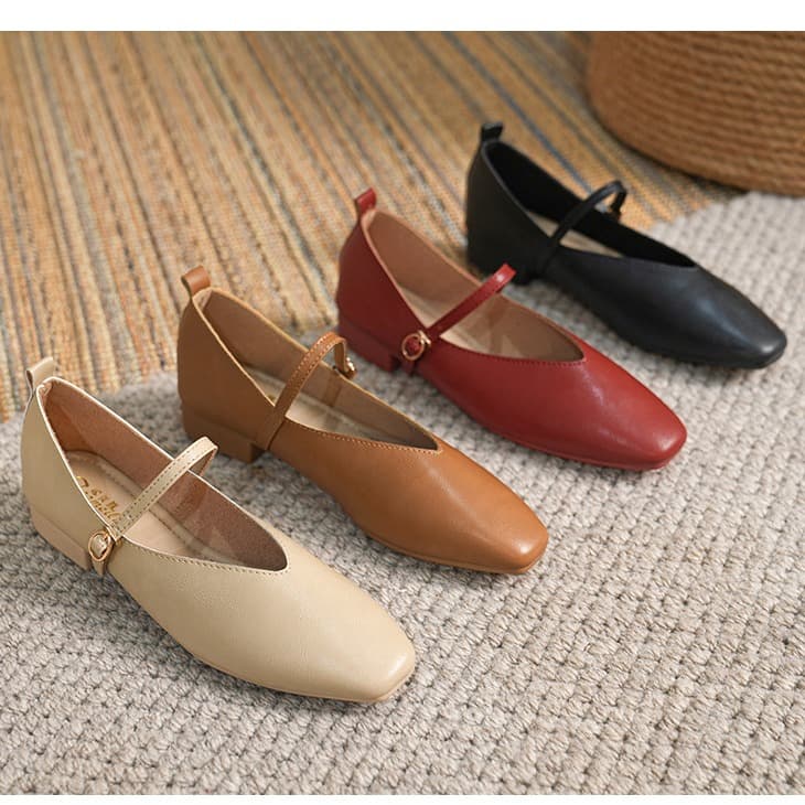 Women's Flats 2023 Spring Summer Retro Buckle Low Heel Shoes Literary Square Toe Soft Leather Mary Jane Shoes