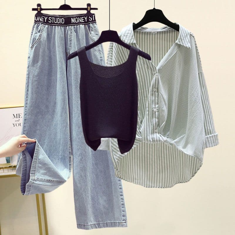 Plus Size Women's Summer Set for 200 lbs: Striped Shirt, Camisole, and Slimming Jeans 3-Piece Set