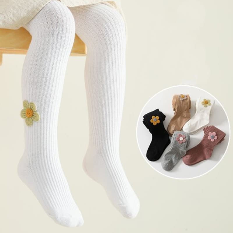 Cross-Border Spring/Autumn Children's Cotton Tights, Solid Color Vertical Stripes with Small Flower Accents, Girls' Leggings