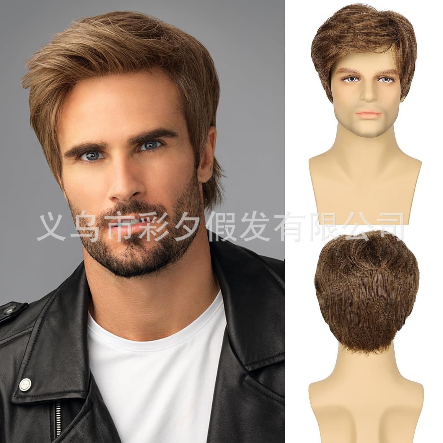 European and American Men's Short Wig Straight Wave Natural Blonde Light Brown Heat-Resistant Wig Suitable for Daily Parties
