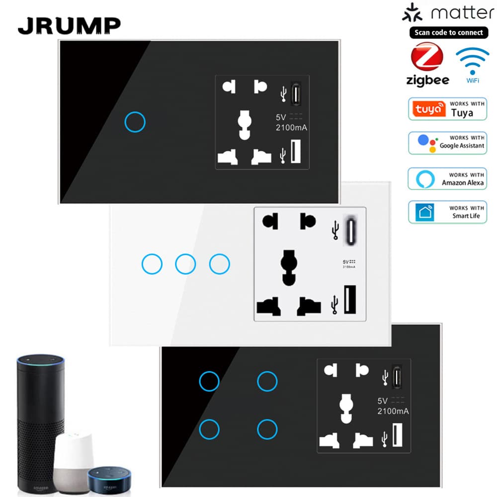 147-Tuya Zigbee smart switch panel with five-hole socket USB+C wall touch smart life