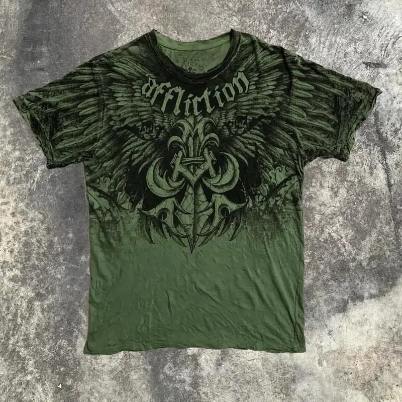 Urban Legend Suffering Graphic T-Shirt Men's Large Grunge Skull Wings New Fashion Loose Round Neck