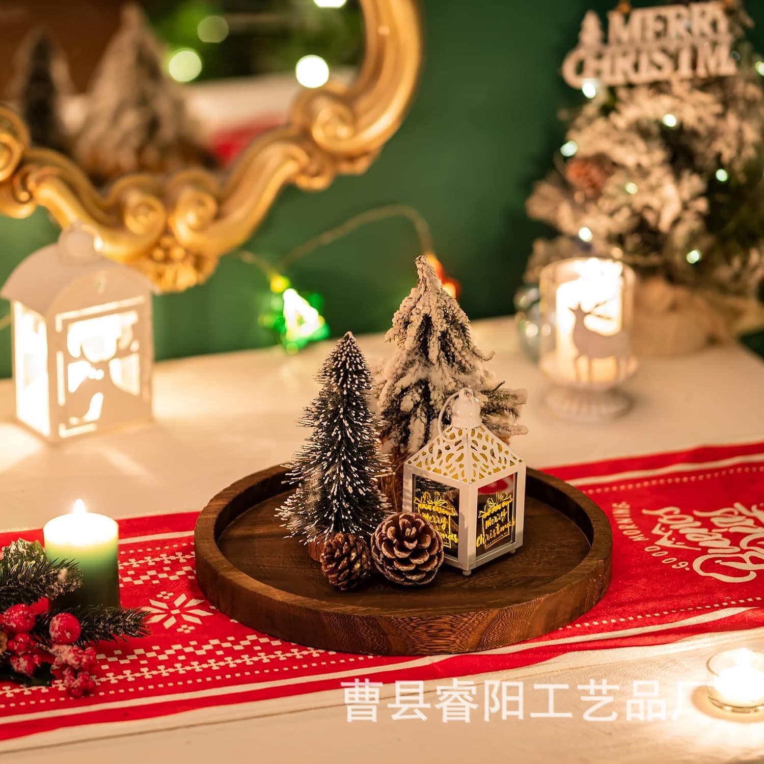 Round Wooden Decorative Tray Vintage Candle Holder Tray Farmhouse Tray Kitchen Countertop Decorative Desktop Tray