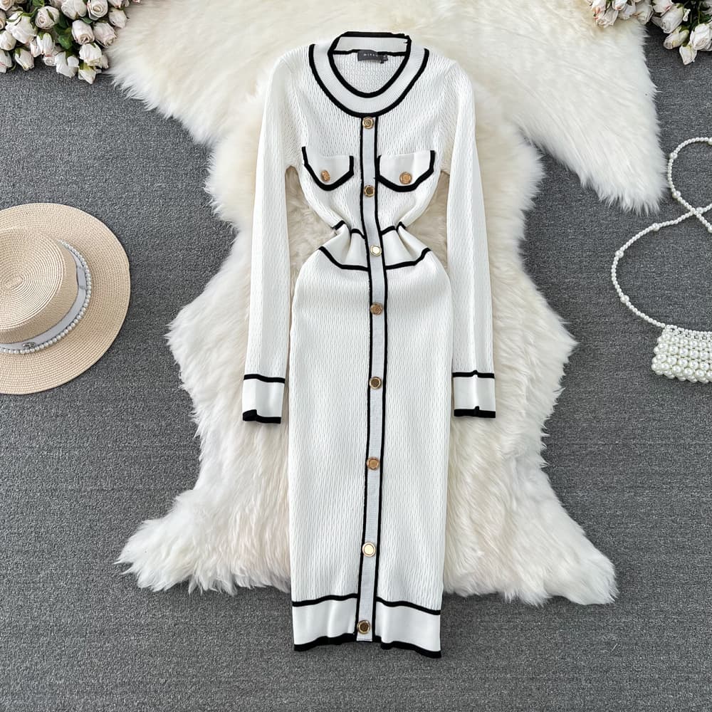 French Vintage Chic Contrast Color Long-Sleeve Round Neck Fitted Midi Knit Bodycon Dress for Fall/Winter