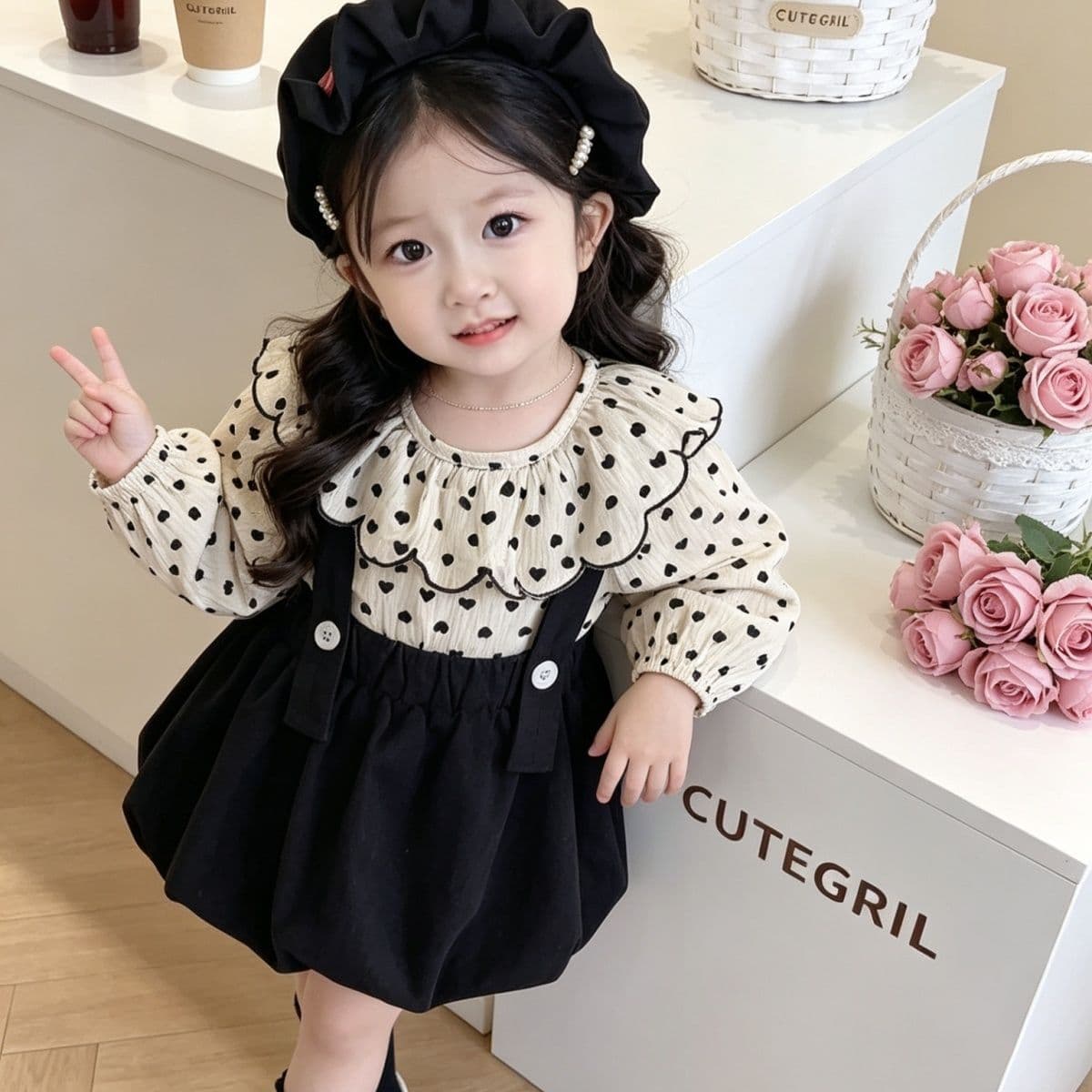 Girls' Autumn Clothes Set Children's Korean Style Pleated Suspender Skirt Baby Girl Doll Collar Shirt Top Two-piece Children's Clothing Set