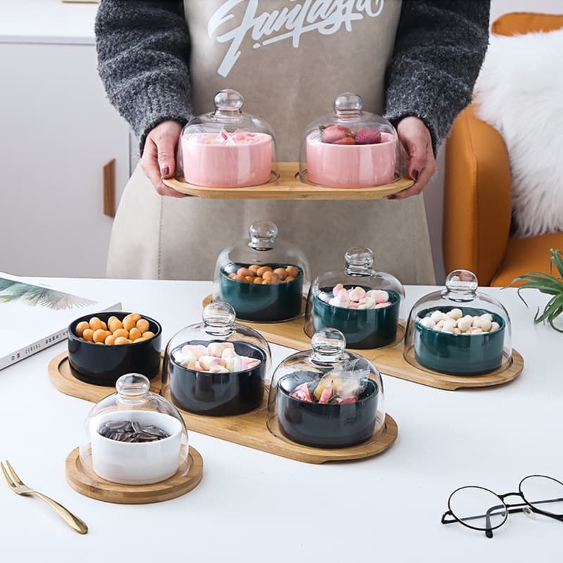 Ceramic Dessert Pot with Lid Oven Baking Bowl Glass Lid Pudding Cup Divided Fruit Plate Creative Snack Storage Box