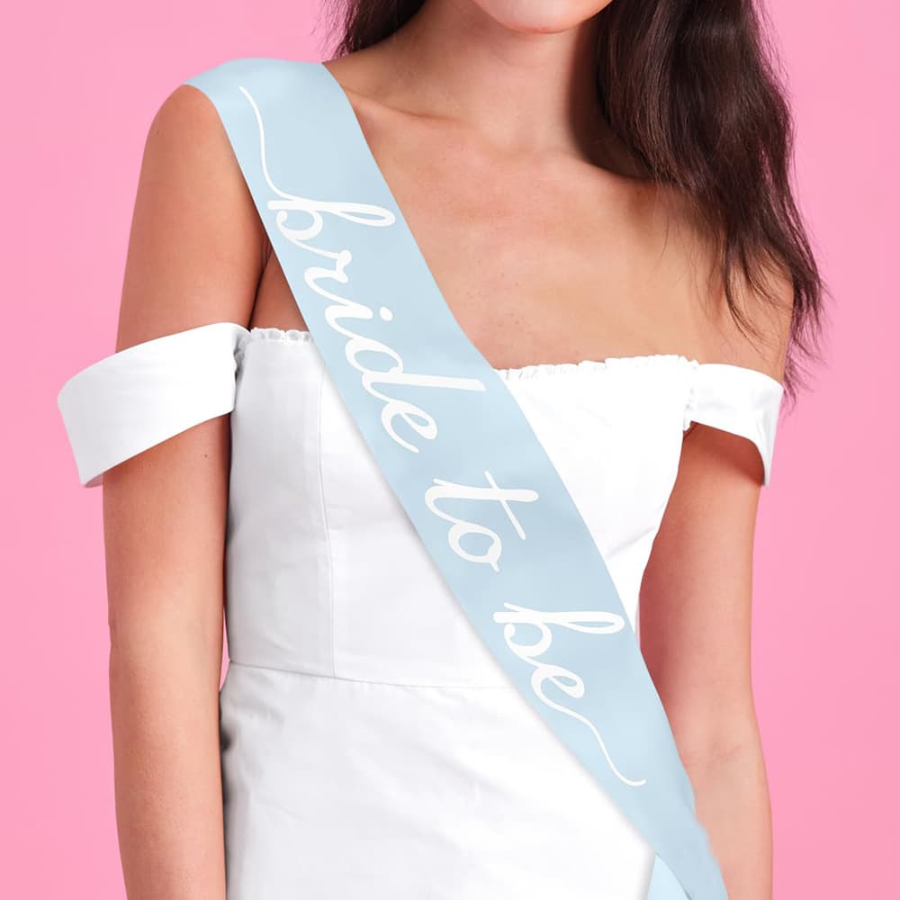 New Bride Shower Blue Printed White Text Bride to Be Sash Bach Engagement Party Belt