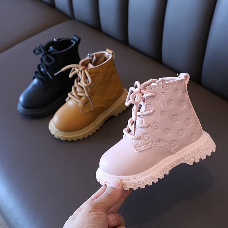 2025 Winter Children's Martin Boots, Girls' Double Cotton Boots, British Style Leather Boots, Boys' Toddler Shoes, Non-Slip for Young Children