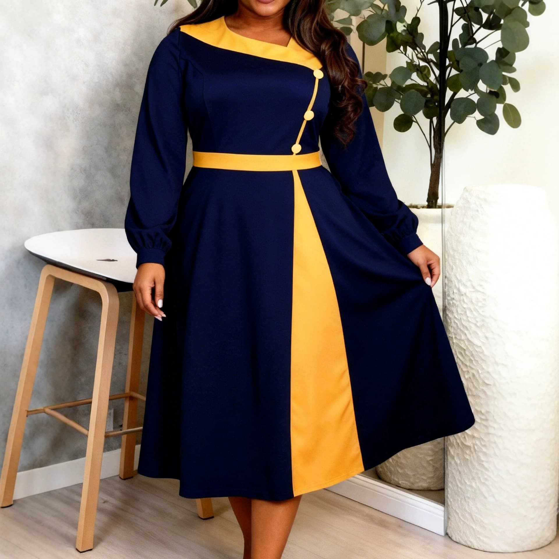 Plus Size Women's Long Sleeve Dress with Rhinestone Belt, Flared Waist Elegant Office Party Formal Dress