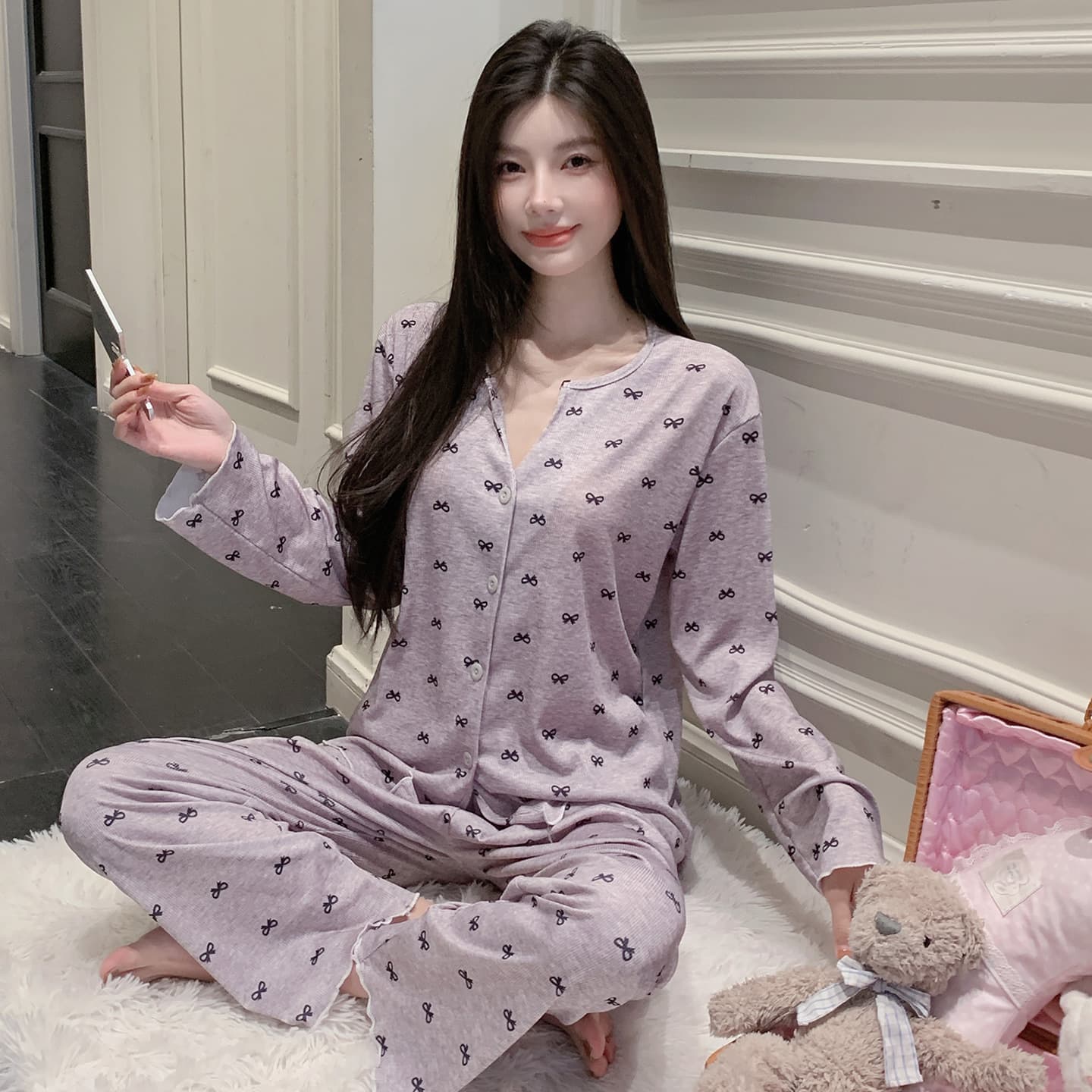 2026 Spring Women's V-Neck Double-Length Cardigan, Ribbed Ice Silk, Soft and Comfortable, Casual Cute Style Sleepwear