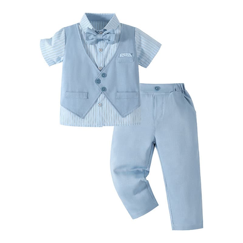 Boys' Summer New Gentleman Suit Set Short Sleeve Vest Trousers Two-Piece Striped Shirt Bow Tie Dress