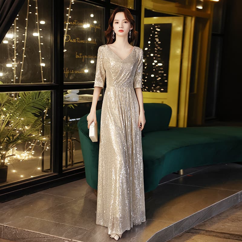 Gold Evening Gown for Women 2026 New Elegant Banquet Dress for Hosting Dinner Party Annual Gala