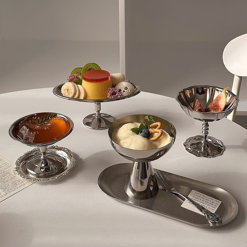 Ins-style high-appearance 304 stainless steel stemmed dessert cup, ice cream pudding panna cotta bowl, trendy ice cream cup