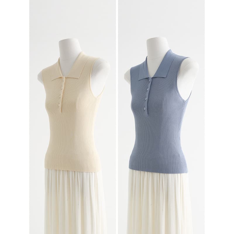 14 Gauge Cool Ice Silk Curved Bead Commute Polo Neck Knit Vest Slim Fit Ribbed Sleeveless Top Simple 95215