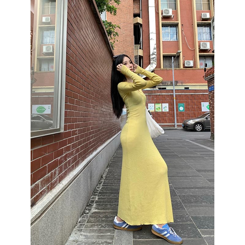 Cozy Fall/Winter Long-Sleeve Bodycon Slim-Fit Dress, Stylish Yellow Flattering Inner Layer Dress