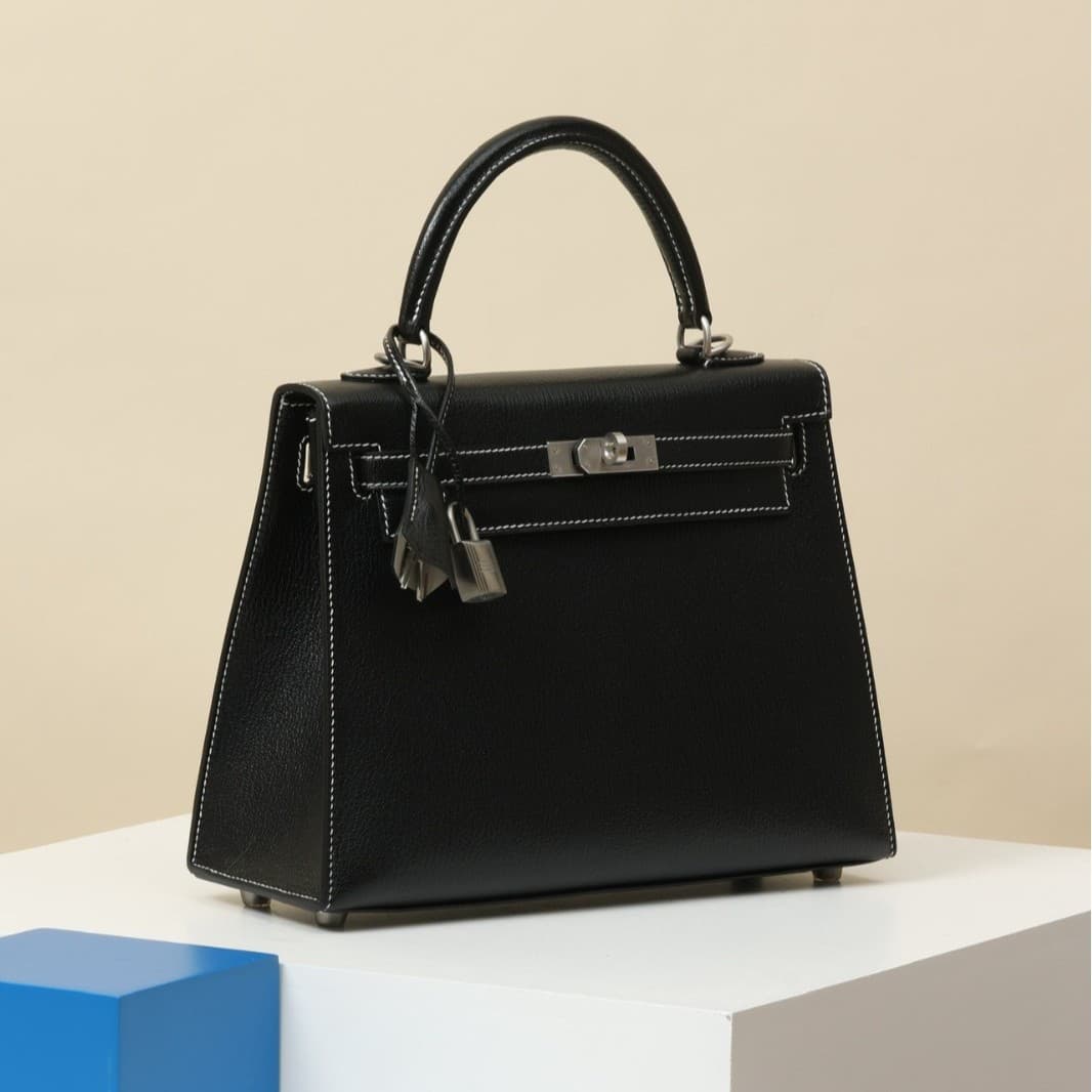 Purely handmade Kelly bag French original goatskin black silver buckle handbag women's shoulder bag