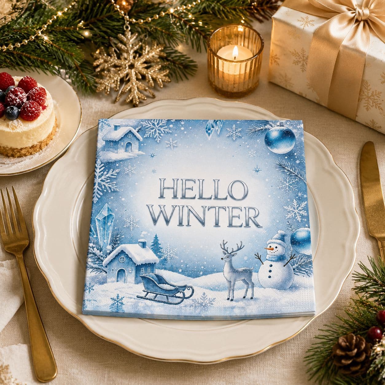 Disposable Placemats Christmas Theme Hello Winter Snow Scene Print Heat-Resistant Table Mats Holiday Party Tableware Set