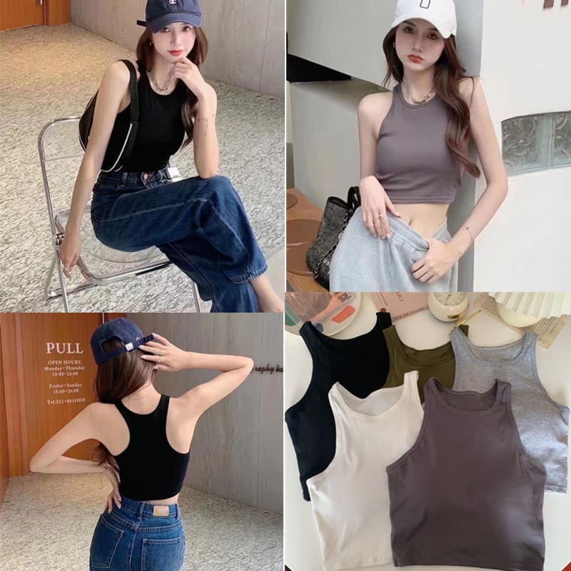Cotton Racerback Vest Women's Summer Sporty Round Neck Sleeveless Slimming with Padded Inner Top