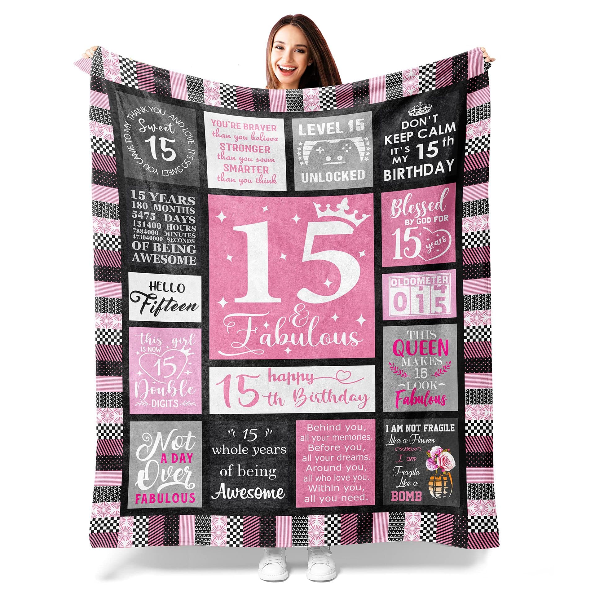 Happy 15th Birthday Patterned Blanket Soft and Comfortable Flannel Home Blanket Warm Throw Blanket Birthday Gift
