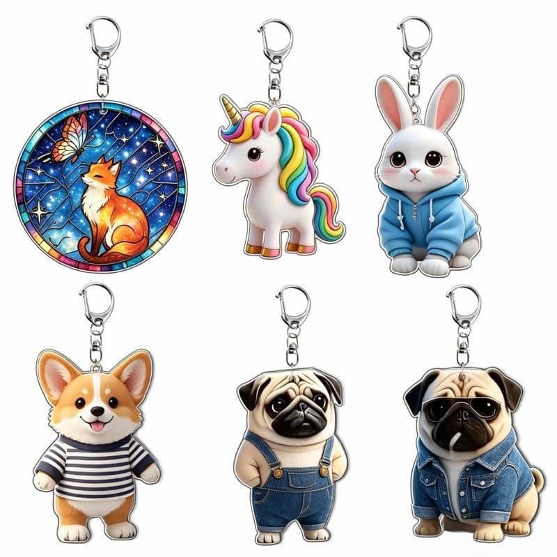 Cross-border New Animal Pug Cat Cartoon Acrylic Keychain Pendant Decoration Bag Accessory