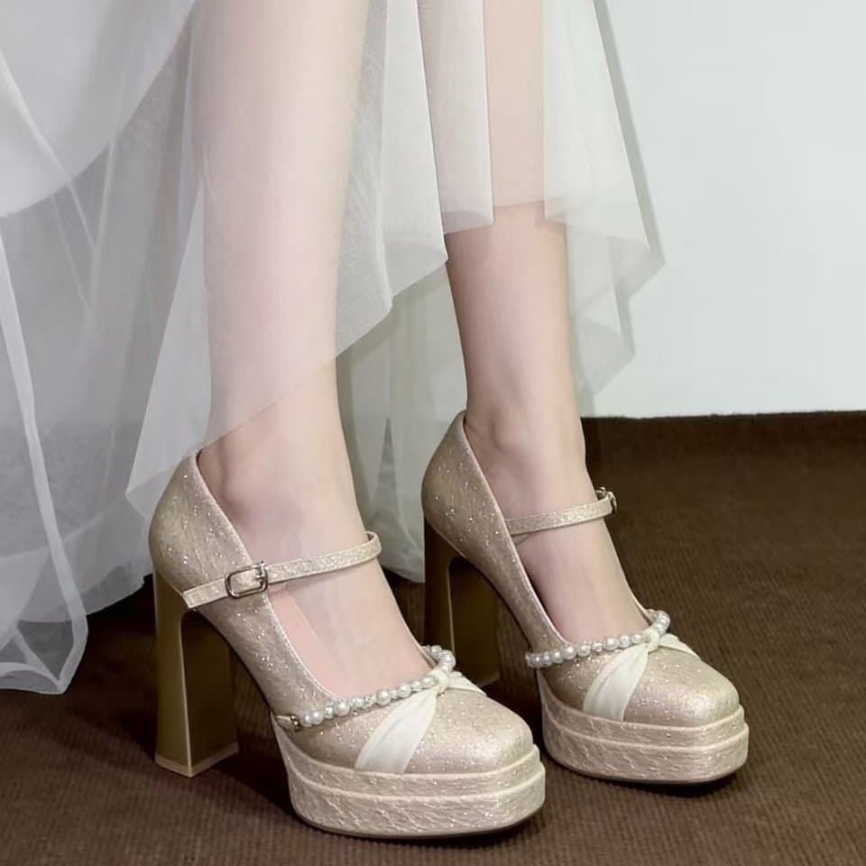 2026 New Waterproof Platform Hexiu Wedding Dress Two-Way Wear Bride Engagement Shoes Stunning French Style Mary Jane High Heels