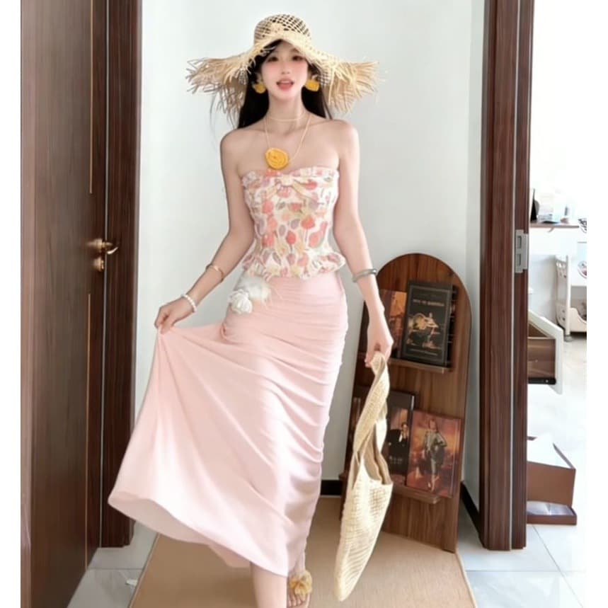 Pink Strapless Printed Top Women's 2026 Vacation Style Set with Bodycon Mermaid Long Skirt Two-Piece Set