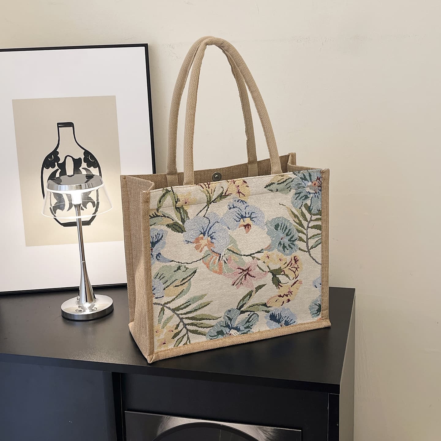 Large Capacity Commuter Linen Bag Women Retro Textured Floral Shoulder Bag Canvas Tote Bag Casual Bag