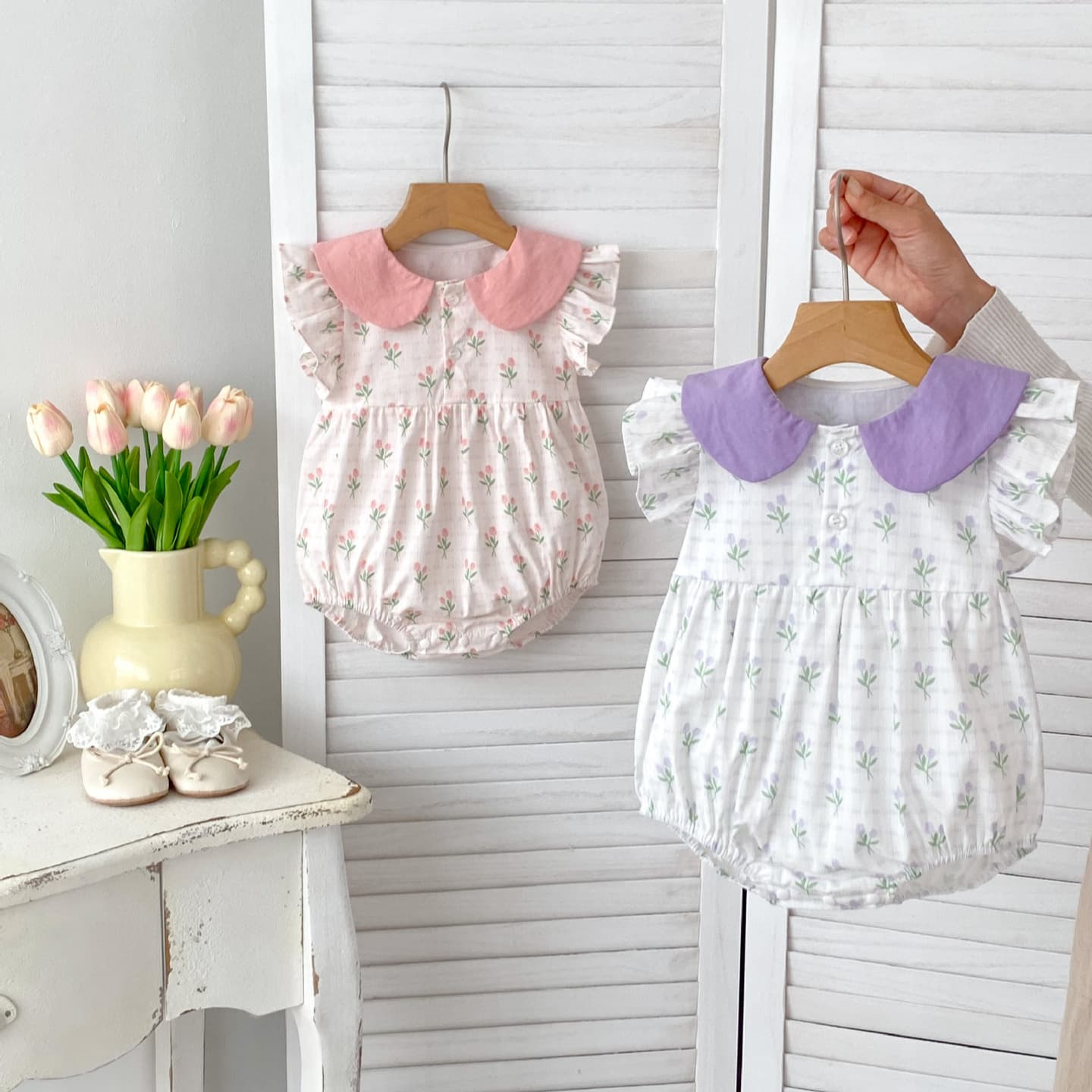 Baby Girl Summer Ins Infant Bodysuit A-Class Doll Collar Flutter Sleeve Romper Tulip Print Thin Jumpsuit