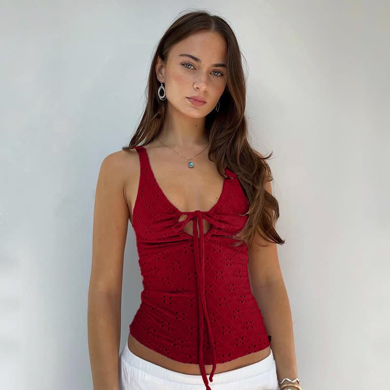2024 Amazon Sexy Fresh Hollow Lace Texture Vest Spring Autumn Outerwear Vacation Style V-Neck Camisole