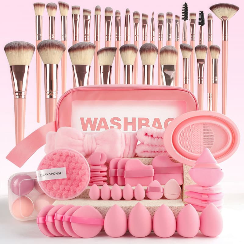 Cross-border 67-Piece Pink Makeup Tool Set Powder Puff Makeup Brushes Complete Set Teardrop Beauty Blender Sponge Makeup Tools
