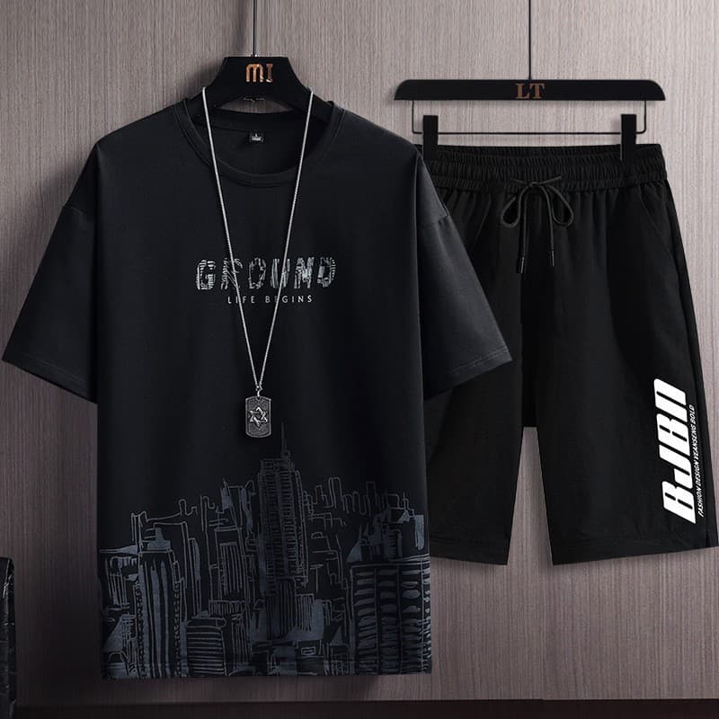 Cross-Border Men's Short Sleeve Suit Summer Korean New Trendy Printed Shorts Teen Two-Piece Set