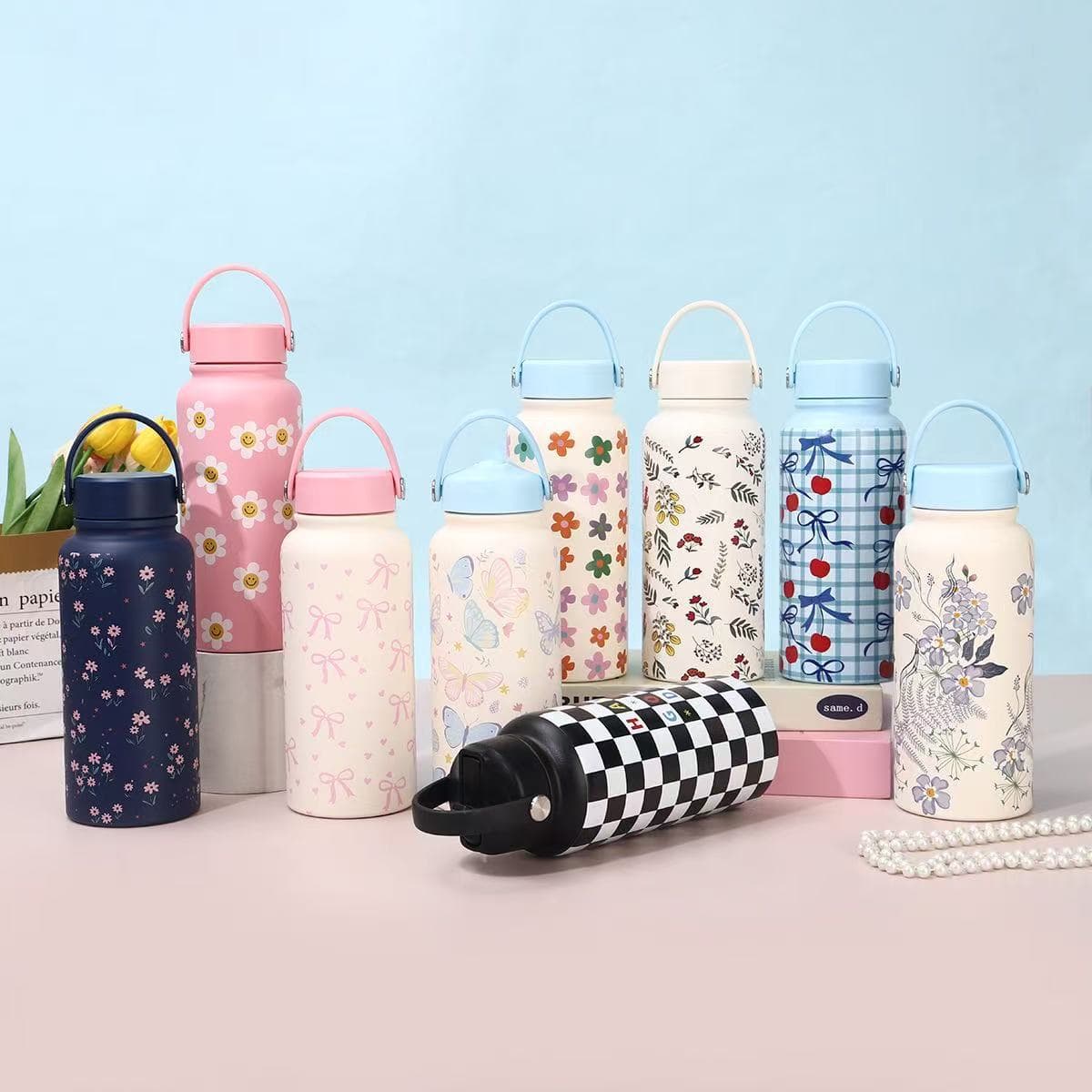 Cross-border Space Bottle Insulated Cup High-Value Sports Bottle Large Capacity Vacuum Home 304 Water Cup Floral Cup High-Value